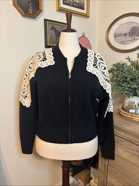 Black Zip Front Sweater Jacket with Cream Crochet Shoulder Detail Size Large